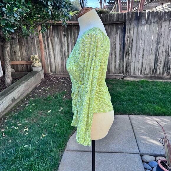 4si3nna Anthropologie Lime Green Floral Wrap Top Blouse Long Sleeve Size S - Picture 7 of 12